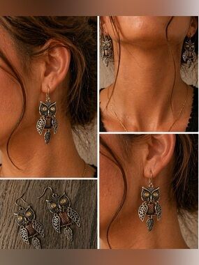 Vintage Style Owl Dangle Earrings | Silver & Gold Tone | Boho Statement | NWT